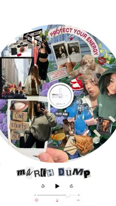 a collage of photos with the words march dump on it's center circle