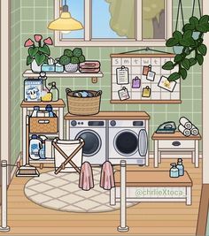 an illustration of a laundry room with washing machine