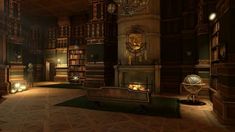 a large room with bookshelves and fireplaces