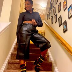 Shop These Amazing Fold Leather Gauchos. Button Front, Slit Pockets, Very Comfortable. Pairs Well With Boots And A Crop Top. High Times, Black Leather Pants, Black Leather Boots, Leather Boots, Pant Jumpsuit, Leather Pants, Black Leather, Crop Top, Pants For Women