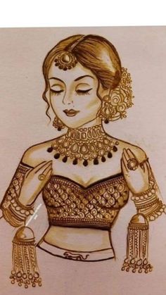 a drawing of a woman in a dress with jewelry on her neck and hands clasped together