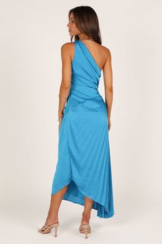 Flin Pleated One Shoulder Midi Dress - Blue - Petal & Pup USA Asymmetrical Midi Dress For Prom, Formal Blue Ruched One Shoulder Dress, Formal Blue Ruched One-shoulder Dress, Formal Blue One-shoulder Ruched Dress, Blue Midi Dress With Asymmetrical Neckline For Date Night, Spring Prom One Shoulder Midi Dress, Spring Prom Midi One Shoulder Dress, Ruched One Shoulder Maxi Dress For Cocktail, Blue One Shoulder Dress With Ruched Asymmetrical Neckline