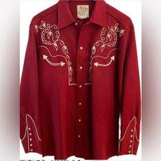 H Bar C Vintage Eldorado Western Shirt- Made In Usa- Size 16. Snap Button On Left, Beautiful Detail! Armpit To Armpit Measurement 22”, Overall Length 30“. Excellent Pre-Owned Condition. Embroidered Western Shirt, Western Shirt, Western Shirts, Vintage Tops, Snap Button, Size 16, Red White, Colorful Shirts, Red And White