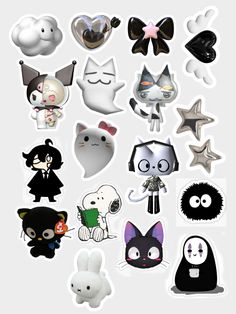 many different types of stickers are shown in this image, including black and white