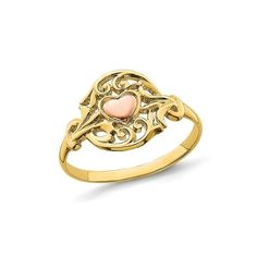 14 karat yellow gold is intricately created into a ring with a Filigree surrounding a plush pink heart. This simple and elegant gold ring weighs 1.62 grams. 14K Yellow and Rose Filigree Gold Heart Ring (SIZE 7 ) Gender: female.  Age Group: adult. Gold Heart Ring, Rings Diamond, Gold Heart, Heart Of Gold, Pink Heart, Promise Rings, Diamond Rings, Gold Ring, Women Rings