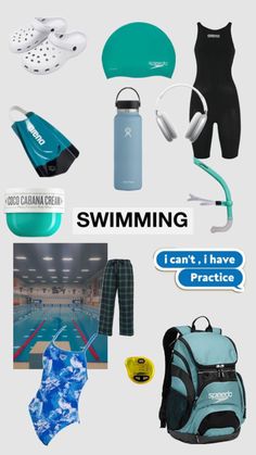 an assortment of swimming items including backpacks, water bottles and headphones