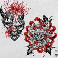 Oni Mask With Flowers Tattoo, Feminine Hannya Mask Tattoo, Oni Flower Tattoo, Black And Red Japanese Tattoo, Oni Mask Sketch, Japanese Geisha Tattoo Design, Black Kitsune Mask, Japanese Oni Mask Tattoo, Oni Tattoo Design