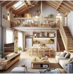 a living room filled with furniture next to a staircase leading up to a second story