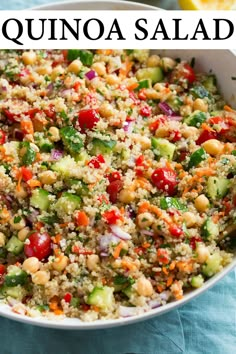 quinoa salad in a white bowl with the title above it