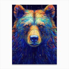 a painting of a bear's face with rain drops falling down on it and stars in the background