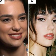 before and after photos of a woman's face with different make - up styles