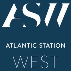 the atlantic station west logo is shown in white on a dark blue background with words above it