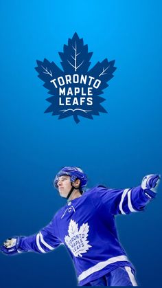 an image of a man playing hockey with the maple leafs logo in the back ground