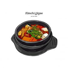 an illustration of a bowl of soup with vegetables and tofu in it, on a white background