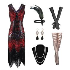 PRICES MAY VARY. 【Value Bundle】Total 7 pieces：1 pair black long gloves; 1 pair earrings; 1 pcs pearl necklace;1 pcs black holder; 1 pcs flapper headband;1 pair fishnet tights;1 pcs women sequined evening dress 【Unparalleled Design】Sparkly dress to keep all eyes on you! Our fancy dress features a stunning V-neckline and tight dress line, with long fringes at the hem shows off your fabulous figure, making you stand out in every party 【20's Accessories for Women】Feathered elastic headbands, vintage Roaring 20s Accessories, 20s Accessories, Flapper Outfit, Flapper Accessories, Flapper Party, 1920s Women, Fringe Flapper Dress, Flapper Headband, 1920s Flapper Dress