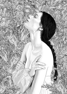 a black and white drawing of a woman looking up into the sky with her hands on her chest