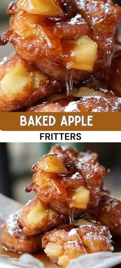 baked apple fritters stacked on top of each other with syrup drizzled over them