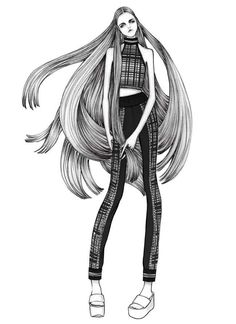 a black and white drawing of a girl with long hair