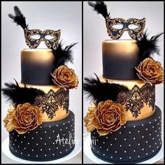 two pictures of a black and gold cake with a masquerade mask on top