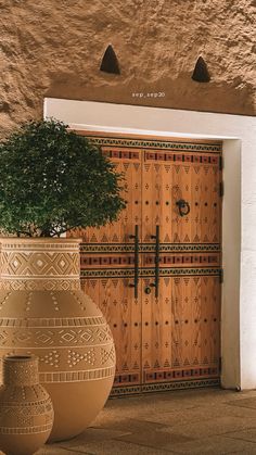 two large vases sitting next to each other in front of a building with wooden doors