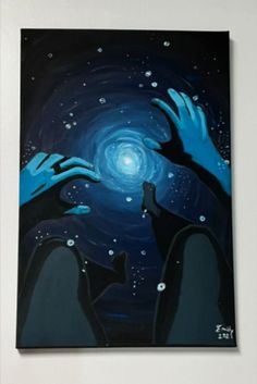 two hands reaching towards each other with the sky and stars in the background, painted on canvas