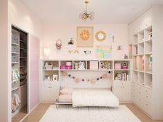 a bedroom with white furniture and lots of shelves