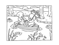 two teddy bears in a boat on the river coloring pages for kids, free printable