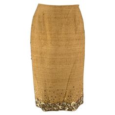 OSCAR DE LA RENTA skirt comes in a beige silk with a slip liner featuring a pencil style, sequined trim, beaded embellishments, and a side zipper closure. Made in USA. Very Good Pre-Owned Condition. Marked: 6 Measurements: Waist: 27 inches Hip: 38 inches Length: 25 inches Reference: 121382 Category: Skirt More Details Brand: OSCAR DE LA RENTA Size: 6 Color: Beige Fabric: Silk Material: Sequined Style: Pencil Age Group: Adult Gender: Female Silk Pencil Skirt, Elsa Schiaparelli, Beige Silk, Beige Fabric, A Pencil, Silk Material, Fabric Silk, Tom Ford, Stella Mccartney