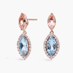 Embody elegance with these stunning drop earrings featuring marquise-cut morganite and aquamarine stones dangling gracefully in a 14k rose gold design. The aquamarines are gorgeously surrounded by shimmering diamond halo detail. Rose Gold Marquise Earrings For Formal Occasions, Aquamarine Stone, Aqua Marine, Diamond Drop Earrings, Diamond Drops, Marquise Cut, Diamond Halo, Gold Design, Morganite