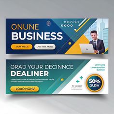 two horizontal banners with an image of a man on a laptop