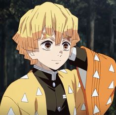 an anime character with blonde hair and brown eyes, wearing a yellow outfit in front of trees