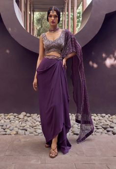 Charu & Vasundhara-Roselyne Purple Skirt With Blouse-INDIASPOPUP.COM Indian Couture 2023, Modern Skirt Outfits, Indian Contemporary Fashion, Charu Vasundhara, Draped Skirt Outfit, Skirt With Blouse, Skirt Organza, Draping Skirt, Indian Outfits Modern