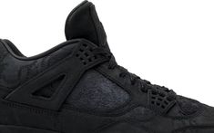 The black colorway of the KAWS x Air Jordan 4 Retro, released in November 2017, offers a striking continuation of the celebrated collaboration between Jordan Brand and renowned Brooklyn artist KAWS. Following the success of the grey version launched earlier that year, this edition features an all-black suede upper, exuding a luxurious, premium feel. The subtle tonal print across the upper showcases KAWS' signature style, depicting the cartoon hands of his iconic Companion figure, creating an und Black Urban Low-top Air Jordan 4, Black Air Jordan 4 With Boost Midsole For Streetwear, Black Air Jordan 4 For Streetwear, Black Air Jordan 4 Urban Streetwear, Black Leather Air Jordan 4 For Streetwear, Black High-top Air Jordan 4, Tonal Prints, Tinker Hatfield, Nike Classic