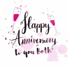 the words happy anniversary to you both with two glasses of wine