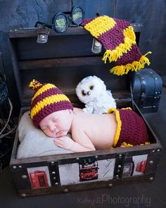 a newborn baby wearing a harry potter hat and diaper in a trunk with an owl