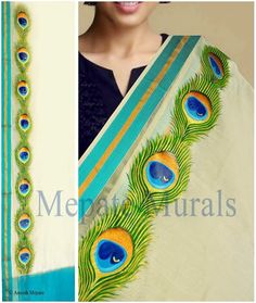 the peacock print sari is being displayed in three different pictures, one with blue and green feathers on it