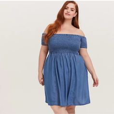 A Smocked Bodice Moves As You Do In This Off -Shoulder Dress That Features A Flattering Skater Silhouette And Dreamy Chambray Fabric. Chambray Fabric Off Shoulder Neck Smocked Upper Short Sleeves Side Pockets Above-The-Knee Skater Silhouette Content + Care Lyocell Wash Cold; Dry Low Imported Plus Size Dresses Size + Fit Size Measures 41” From Shoulder Bin #6 Casual Off-shoulder Smocked Ruched Dress, Casual Off-shoulder Smocked Dress, Denim Chambray Dress, Pink Chiffon Dress, Kiss Dress, Sheer Jacket, Yoke Dress, Jersey Wrap Dress, Knit Wrap Dress