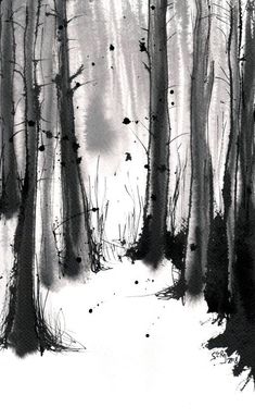 a black and white drawing of trees in the snow