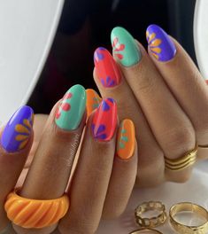 Color Blob Nails, Bright Bold Nails, Bright Bold Nail Designs, Outdoorsy Nails, Retro Summer Nails, Hippie Nail Art Boho, Nails Full Color, Multi Design Nails, Boho Summer Nails