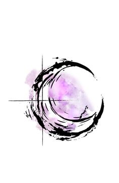 an abstract painting with black and purple paint on it's white background, in the shape of a circle