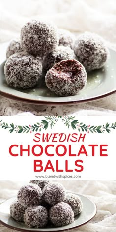 swedish chocolate balls with sprinkles are on a white plate and next to the words swedish chocolate balls