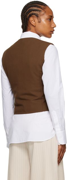 Stretch polyester-blend twill vest. · Wrap construction · V-neck · Offset button closure · Asymmetric hem · Partial satin lining Supplier color: Brown Brown V-neck Vest For Workwear, Brown V-neck Vest For Work, Elegant Brown V-neck Vest, The Frankie Shop, Frankie Shop, Asymmetric Hem, Womens Vest, Coats For Women, Women Wear