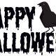 a black bird sitting on the side of a sign that says happy hallowee