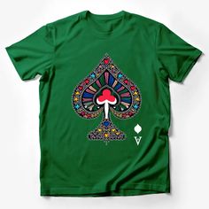 Colorful Ace of Spades Graphic T-Shirt, Vibrant Poker Card Design Shirt, Unisex Casual Tee, Playful Hearts and Swirls Art Top Male T-Shirt Custom graphic T-Shirt.Customize your color Multicolor Heart Graphic Crew Neck Top, Green Short Sleeve Shirt With Sublimation Print, Green Crew Neck T-shirt With Heart Graphic, Green Custom Print Short Sleeve T-shirt, Green Short Sleeve T-shirt With Custom Print, Poker Card Design, Poker Card, Art Top, Ace Of Spades