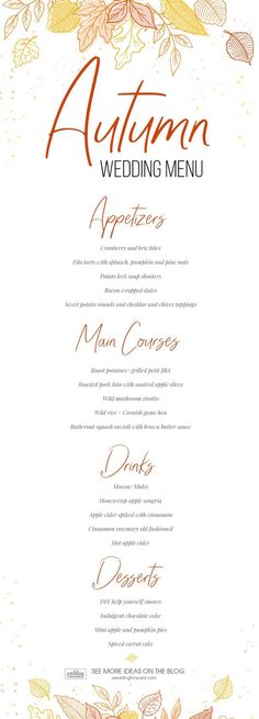 the menu for an autumn wedding is shown in orange and yellow flowers on white paper