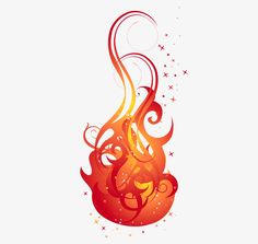 an orange fire with swirls and stars on the side, against a white background