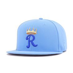 a blue hat with a gold crown on it