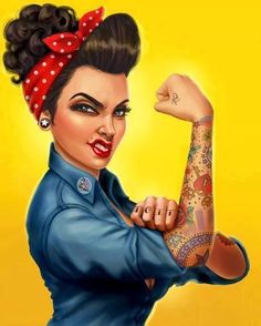 a painting of a woman with tattoos on her arm and arms behind her head, wearing a red polka dot bandana