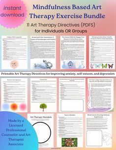 Get your clients, students or children engaged in mindfulness and therapy through art! Our bundle of 11 art therapy exercises with accompanying templates are great for use with both individuals or groups. WHAT'S INCLUDED IN THE BUNDLE: - 11 art therapy interventions for individuals and groups (can be used with kids, teens and adults). - Descriptions of each exercise as well as step-by-step instructions on facilitation - Templates to utilise for completing each exercise. - Suggested materials. DOWNLOADING & PRINTING INSTRUCTIONS: Downloading files to a mobile phone or tablet may decrease the file quality. We recommend downloading and saving the files on your computer to ensure the highest quality. PROCESSING TIME: Once your payment is confirmed, you can download the digital file from Etsy d Adolescent Therapy Activities, Group Therapy Ideas, Art Therapy Exercises, Play Therapy Activities, Adolescent Therapy, Therapy Interventions, Therapy Questions, Art Therapy Directives, Wellbeing Activities