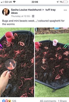 someone is looking at the ground with dirt and plastic cups on it, while holding a magnifying glass in their hand